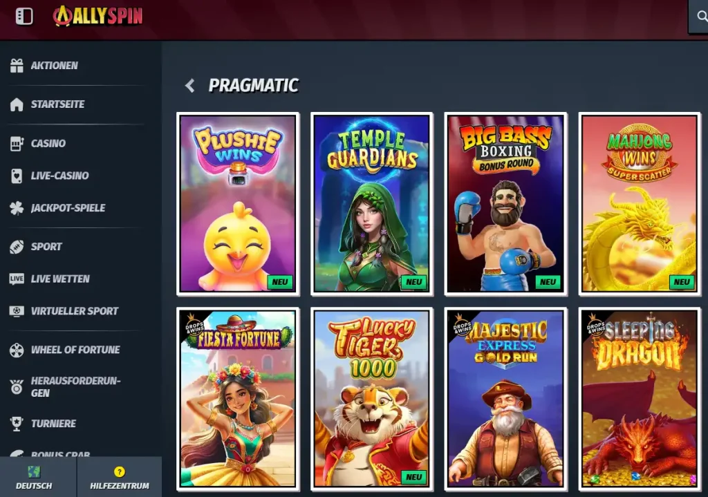 Einblick in das Spielangebot von Pragmatic Play im AllySpin Online Casino