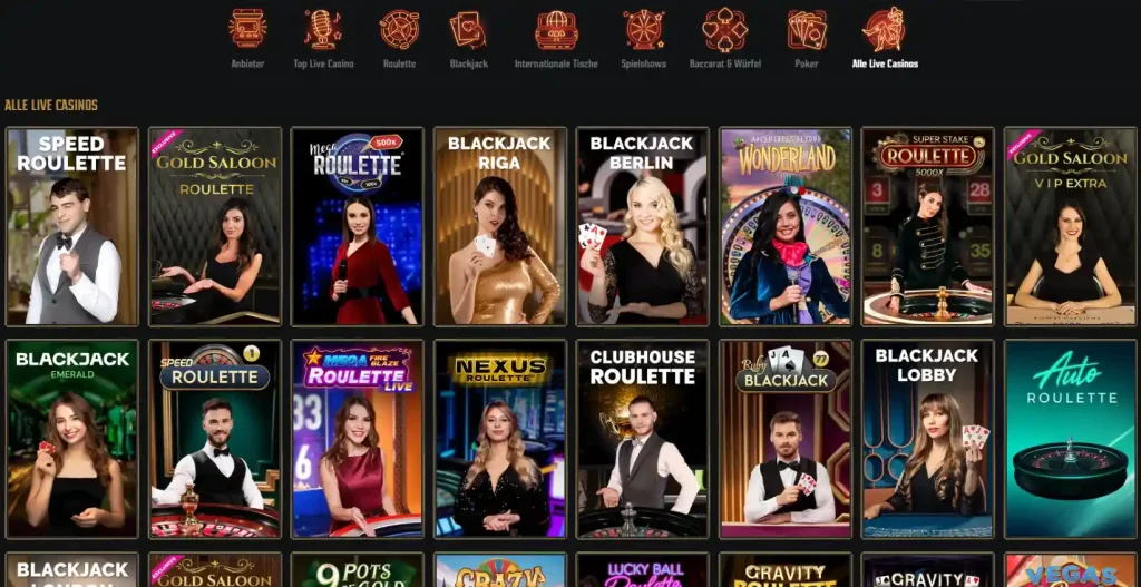 Einblick in die Spielauswahl im Live Casino vom Gransino Online Casino