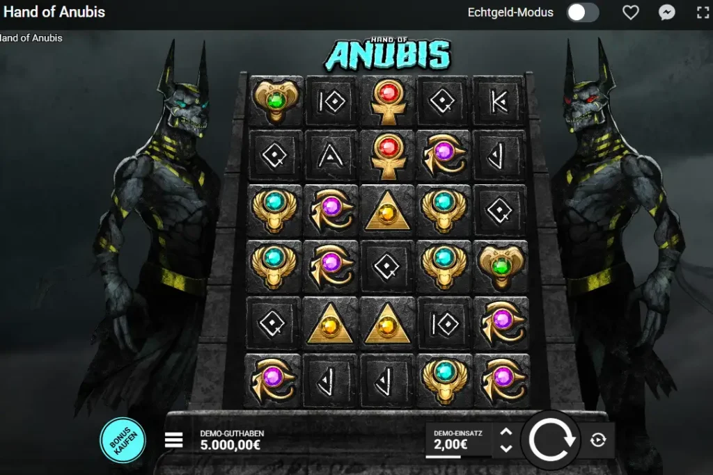 Demo Modus bei Hacksaw Slots am Beispiel vom Spiel Hand of Anubis