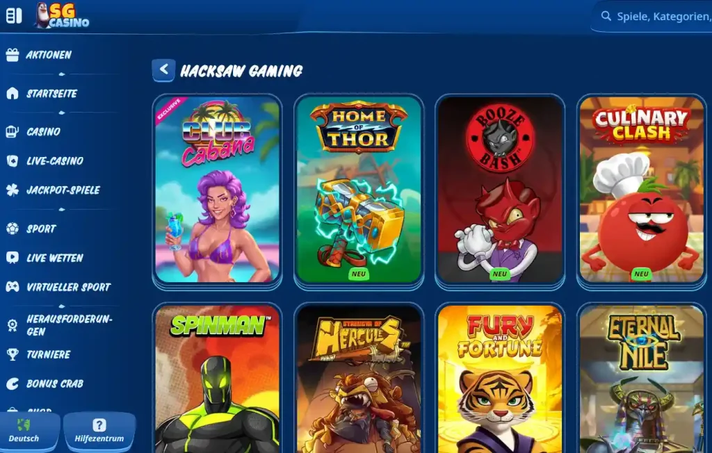 Einblick in die Spielauswahl von Hacksaw Gaming im SG Casino