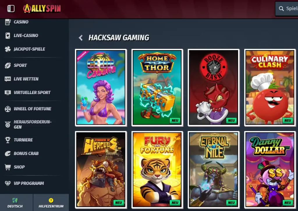 Einblick in die Spielauswahl von Hacksaw Gaming im AllySpin Online Casino