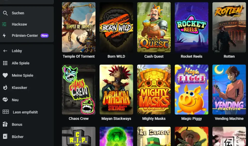 Einblick in die Spielauswahl von Hacksaw Gaming bei Leonbet