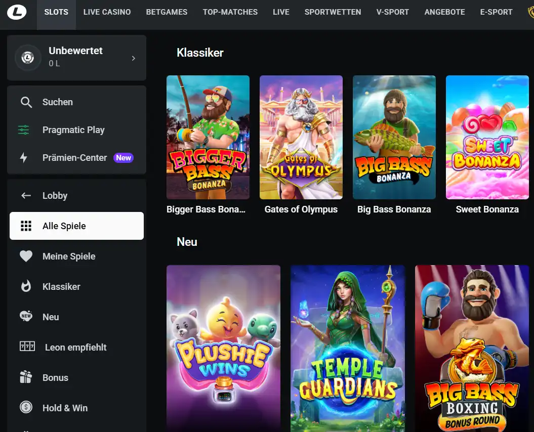 Einblick in das Spielangebot von Pragmatic Play im Leonbet Online Casino