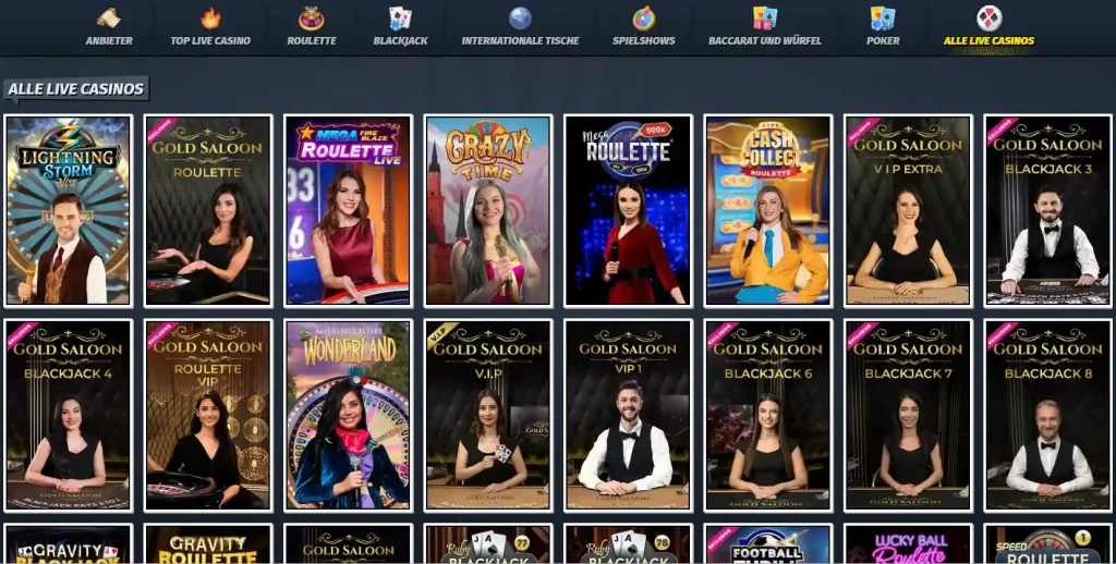 Einblick in die Spielauswahl im Live Casino vom AllySpin Online Casino