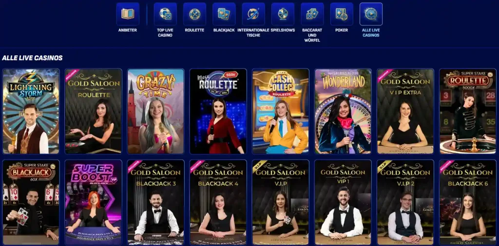 Einblick in die Spielauswahl im Live Casino vom Wonaco Online Casino