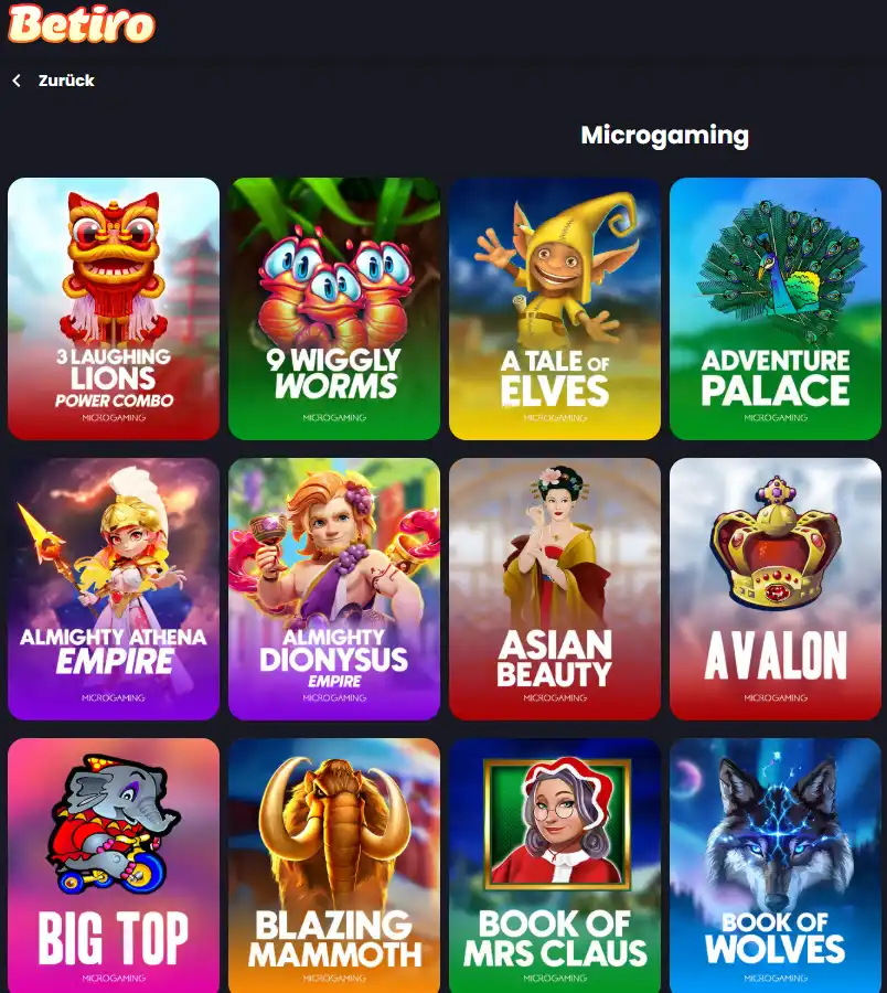 Einblick in das Spielangebot von Microgaming im Betiro Online Casino