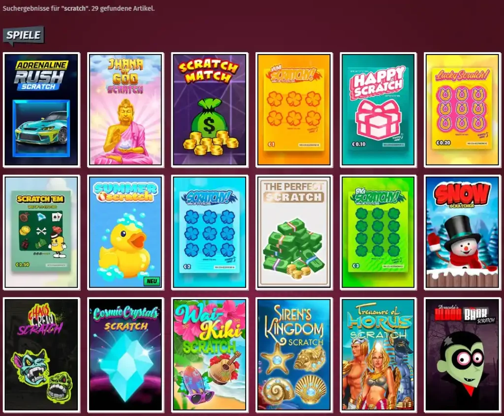 Auszug aus dem Rubbellos Angebot im AllySpin Online Casino
