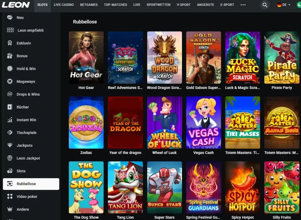 Auszug aus dem Rubbellos Angebot im Leon Online Casino