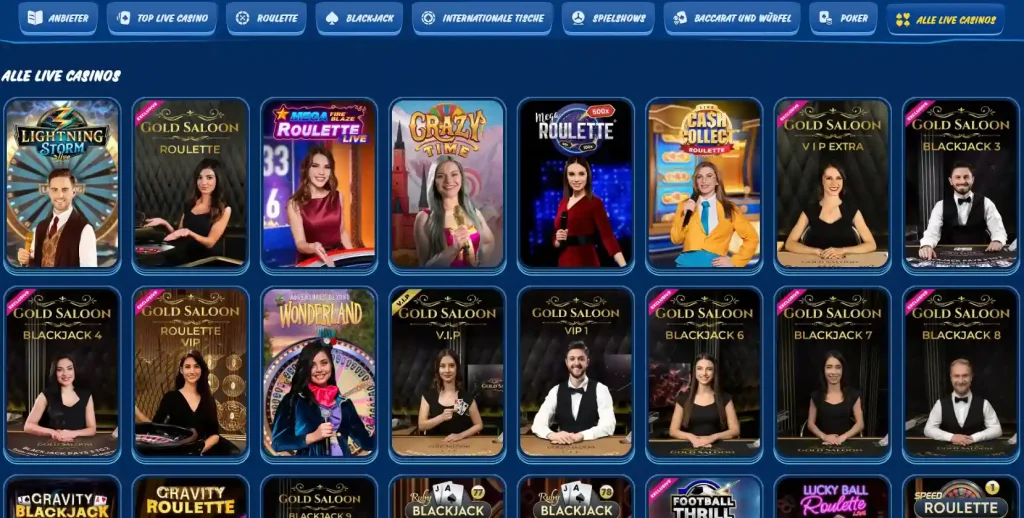 Spielauswahl im Live Casino vom SG Casino