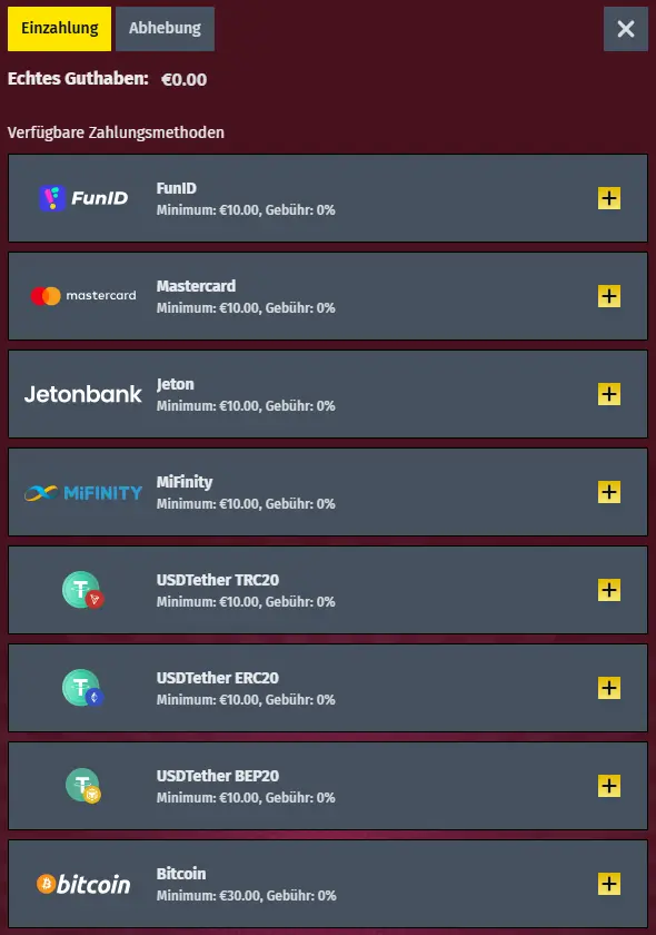 Angebotene Zahlungsmethoden im Online Casino AllySpin