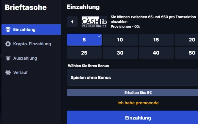 Zahlungsmethode Cashlib fuer 5 Euro Einzahlungen beim Online Casino BetFlare