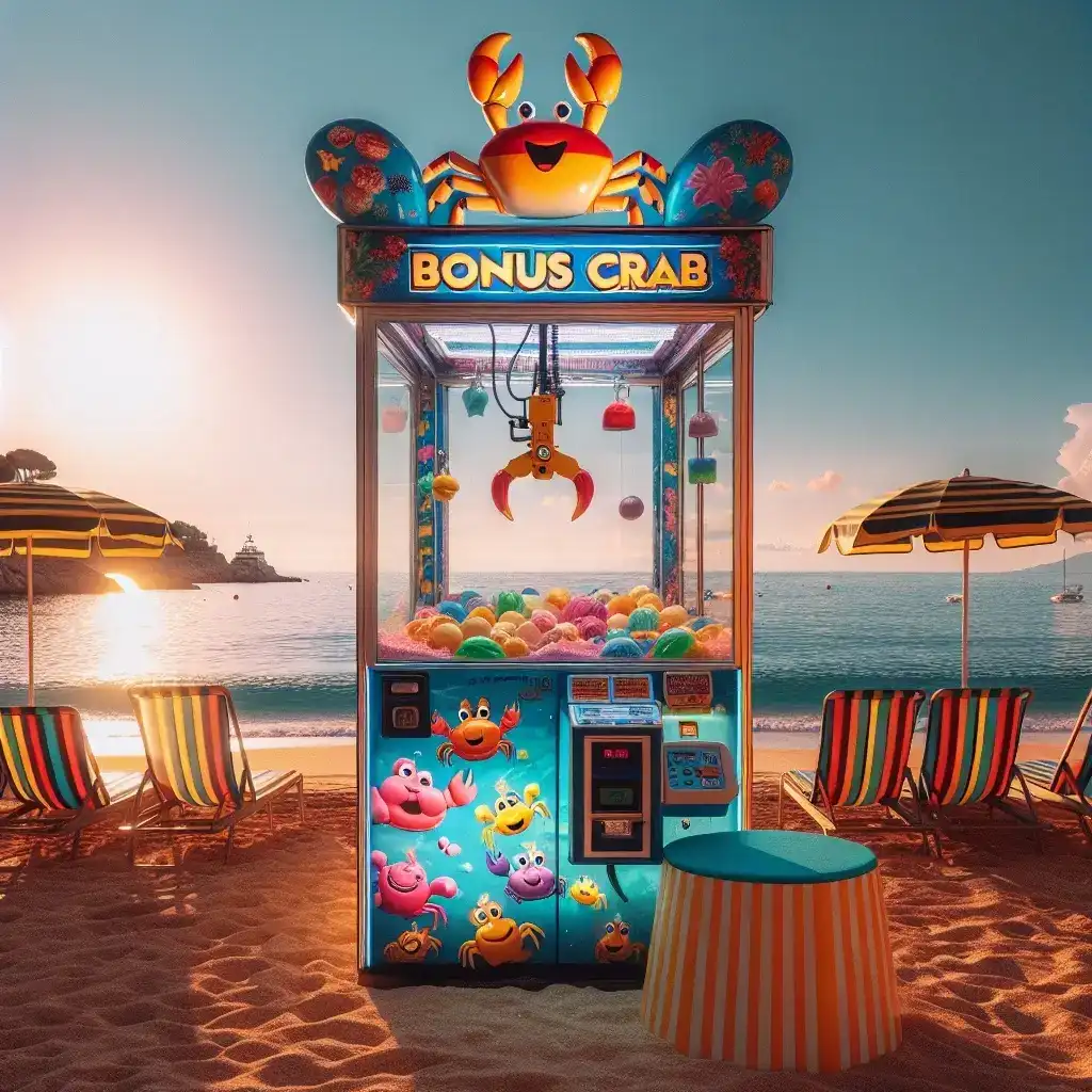 Ein Bonus Crab Automat steh bei Sonnenuntergang am Strand.
