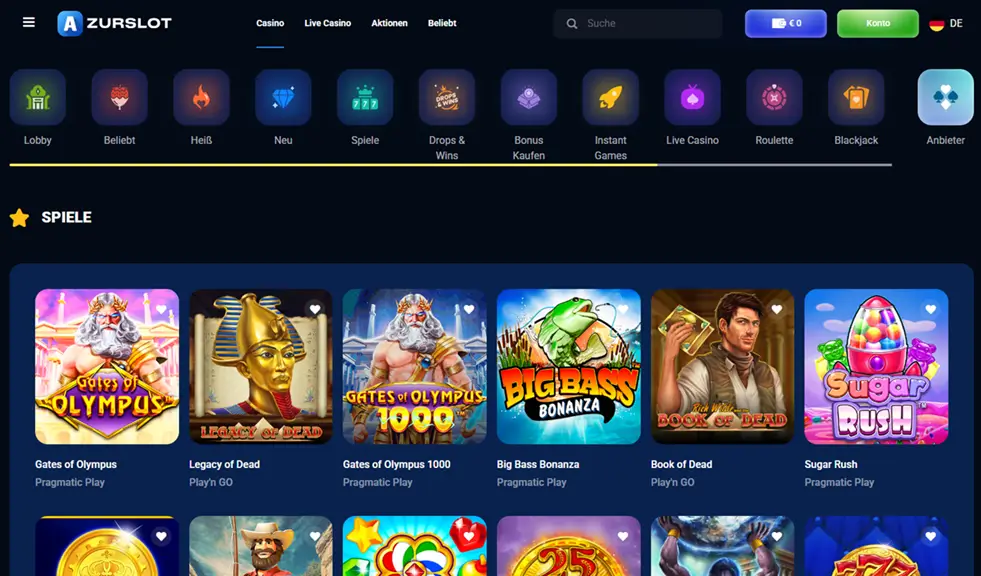 Auszug der Slotauswahl im Online Casino Azurslot