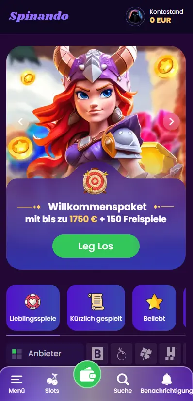 Mobile Ansicht des Online Casinos Spinando