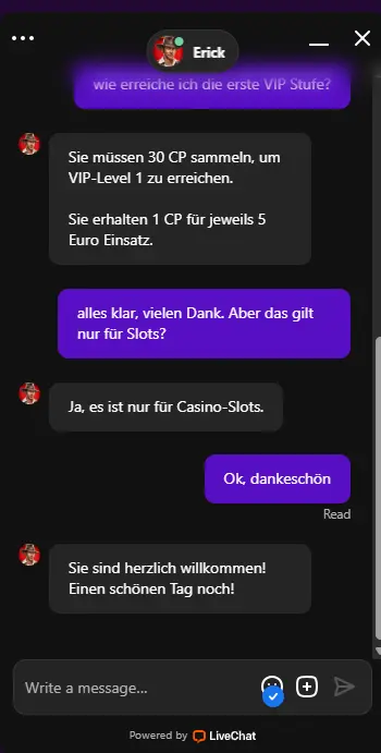 Konversation im Live Chat vom Spinando Online Casino