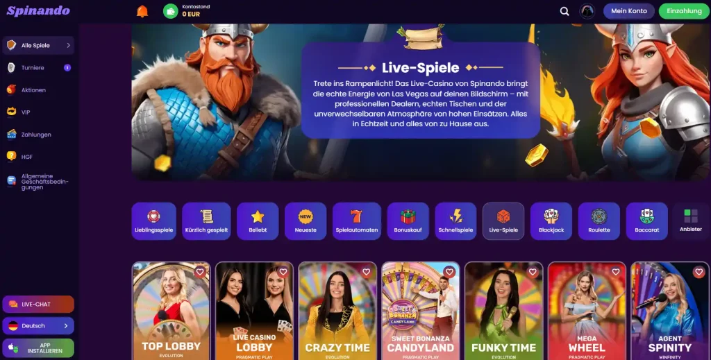 Spielangebot im Live Casino von Spinando