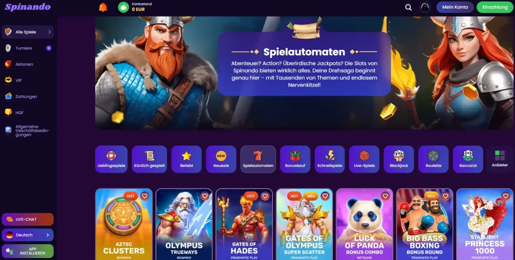 Slot Spielangebot im Spinando Online Casino