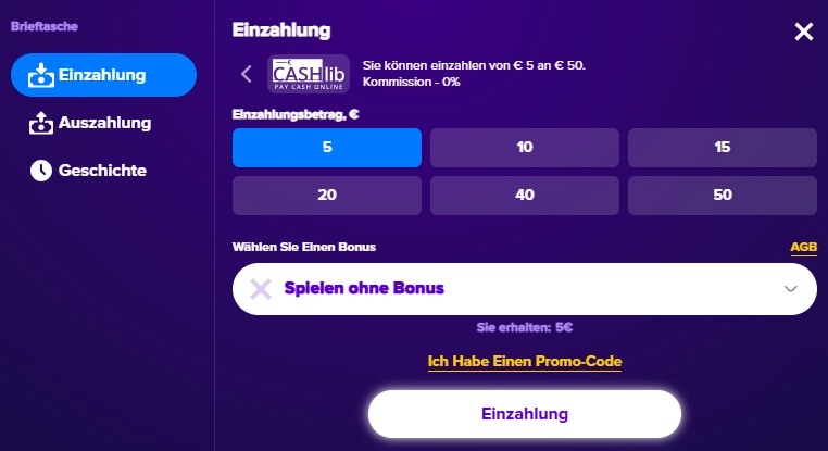 Zahlungsmethode Cashlib fuer 5 Euro Einzahlungen beim Online Casino Stelario