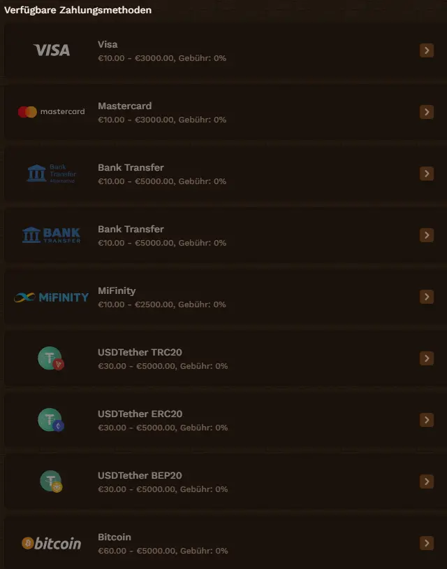 Auszug der Zahlungsmethoden fuer Auszahlungen im Online Casino FatPirate.