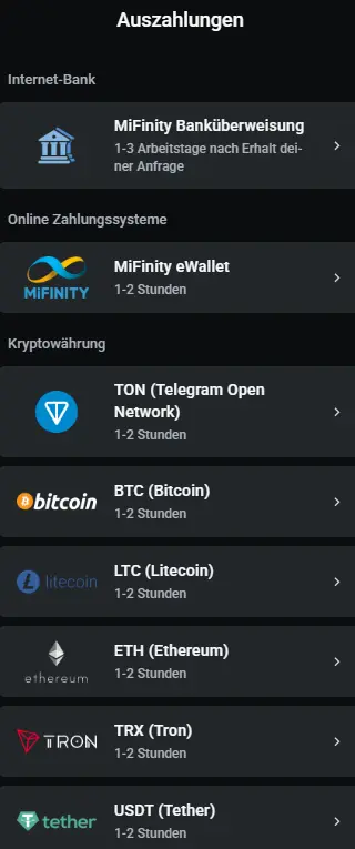 Einblick in die Auszahlungsmethoden im Online Casino Leonbet.