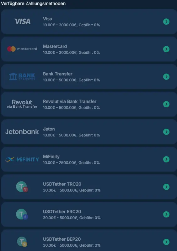 Auszug aus dem Angebot der Zahlungsmethoden fuer Auszahlungen im Online Casino PlayZilla.