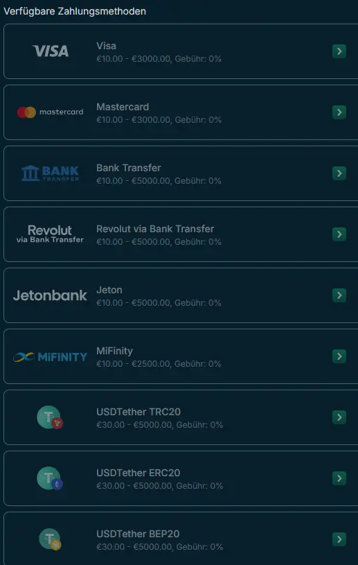 Auswahl an Zahlungsmethoden fuer Auszahlungen im Online Casino BetAlice.