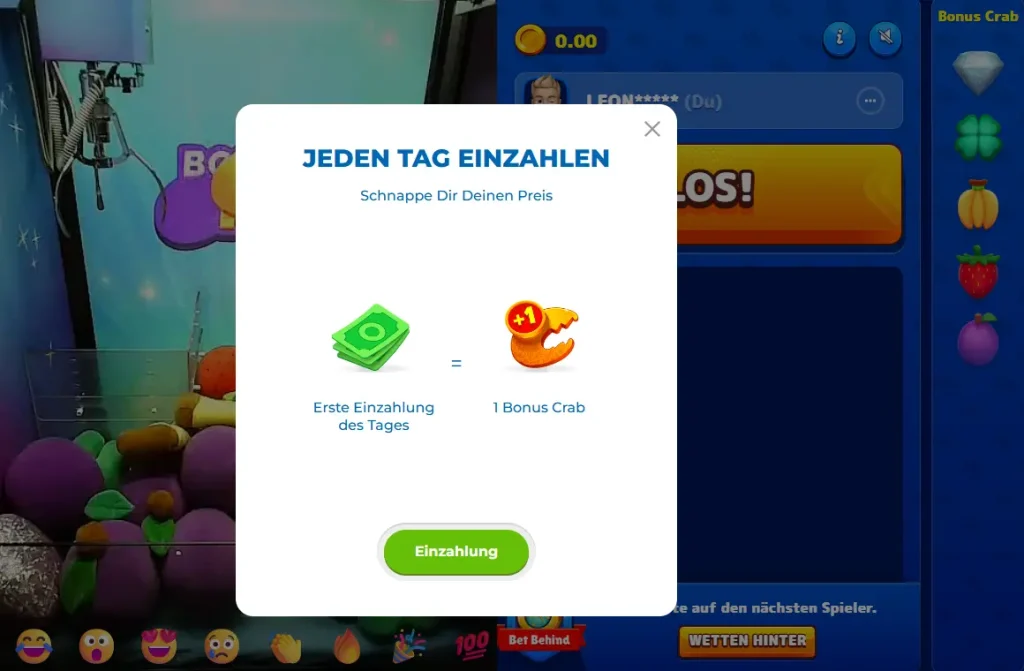 Einzahlung fuer Bonus Crab Spielautomat