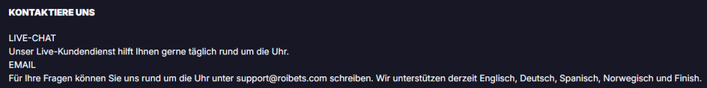 Kundensupport im Roibets Online Casino