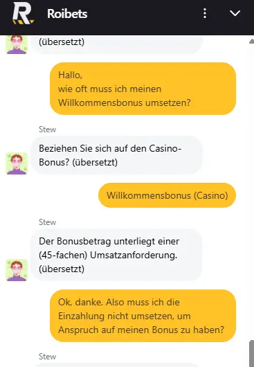 Auszug aus dem Live Chat im Roibets Online Casino
