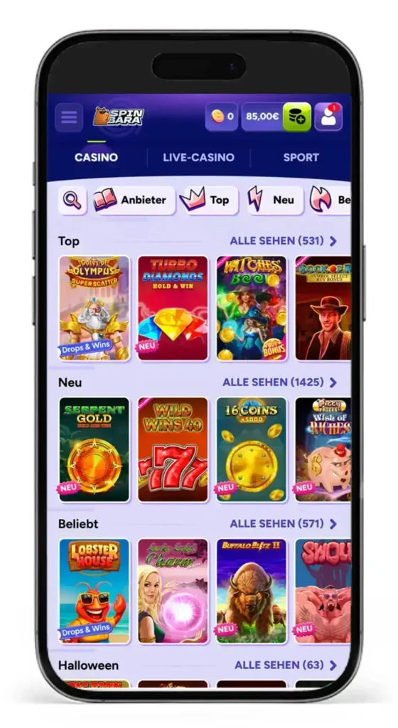 Slotauswahl im Spinbara Online Casino