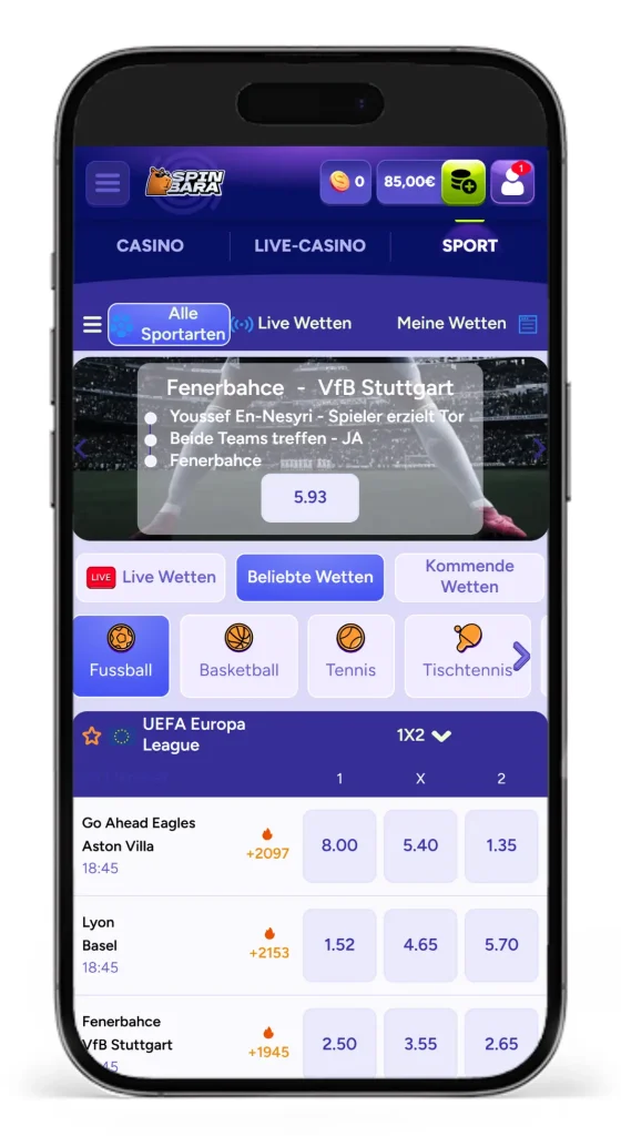 Auszug aus dem Sportwetten Angebot bei Spinbara