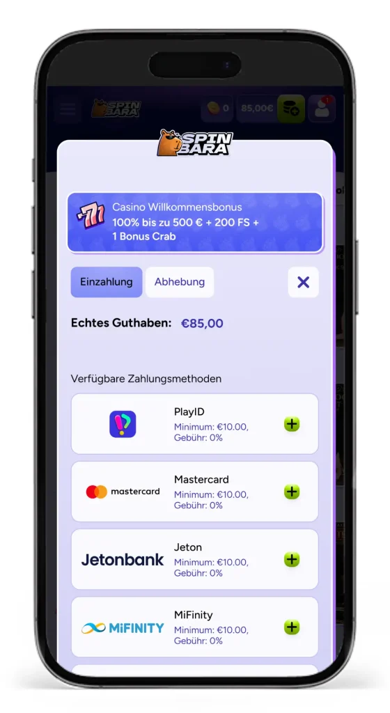 Auszug der Zahlungsmöglichkeiten im Spinbara Online Casino