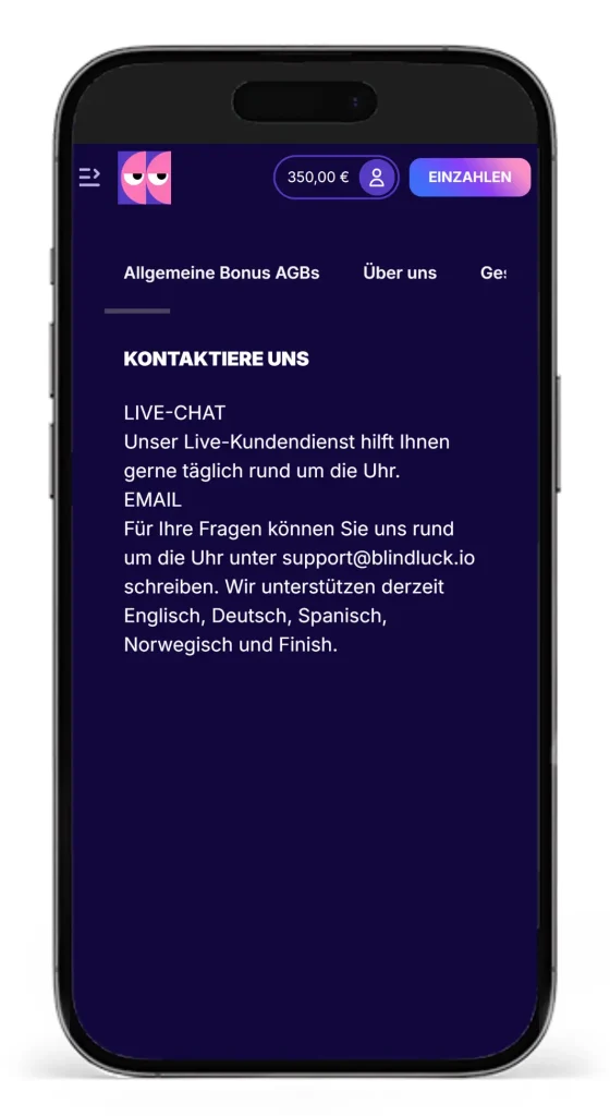 Kontakt zum Kundensupport vom Blindluck Online Casino