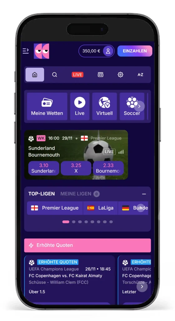 Auszug des Sportwettenbereichs im Blindluck Online Casino