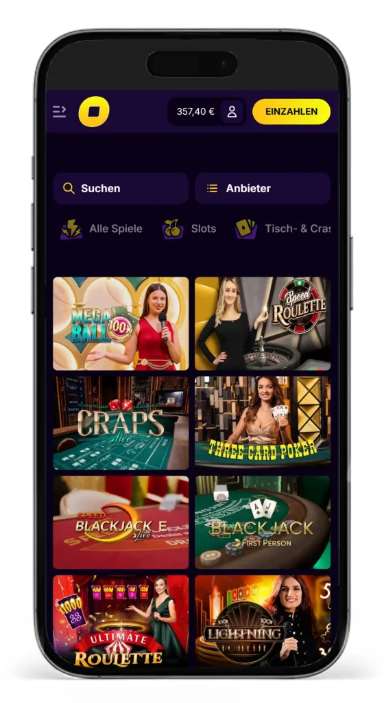 Einblick in die Spielauswahl im Live Casino von CasinoLoots