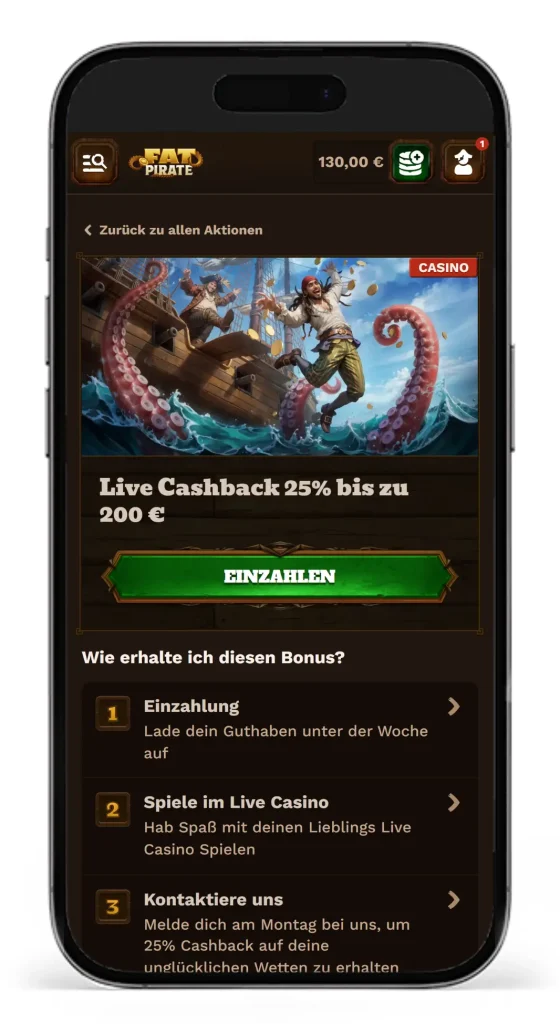 Der 25% Live Cashback Bonus bis zu 200 Euro im FatPirate Online Casino