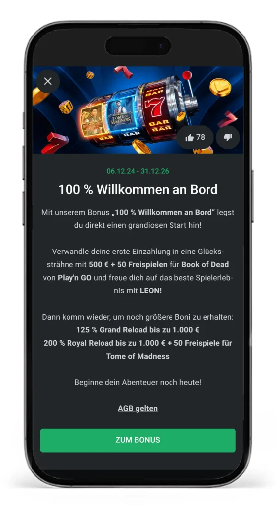Der 100% Willkommen an Bord Bonus im Leon Online Casino