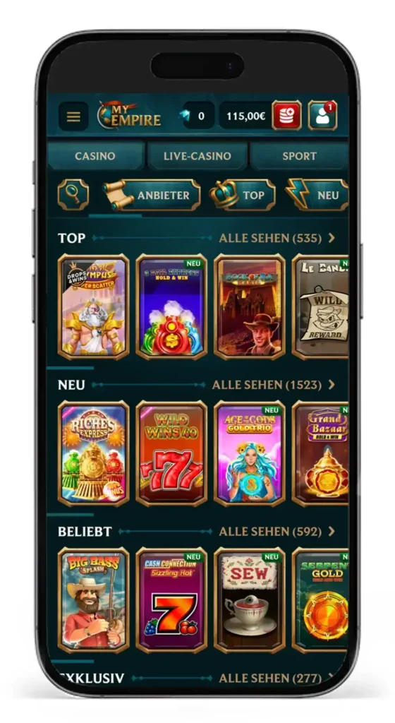 Auszug der Slotauswahl im MyEmpire Online Casino