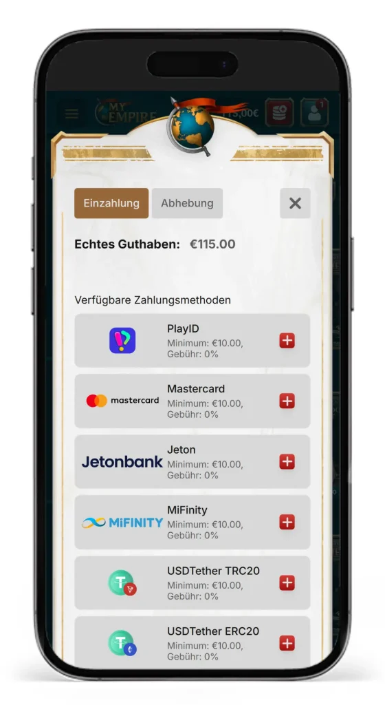 Auszug der Zahlungsmethoden im MyEmpire Online Casino