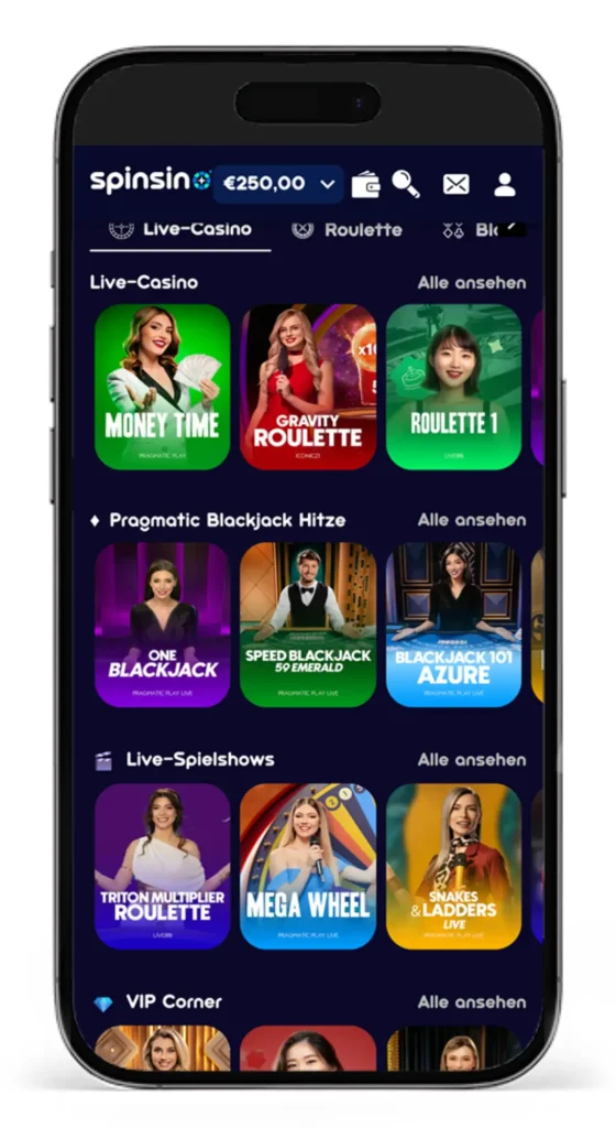 Einblick ins Spinsino Live Casino
