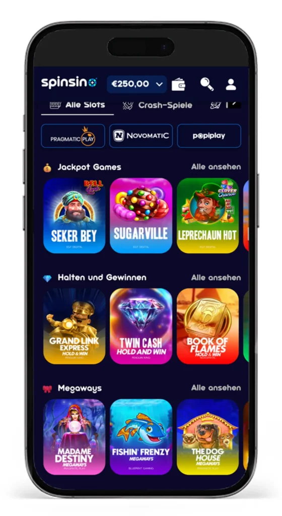 Slotauswahl im Spinsino Online Casino