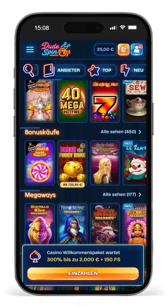 Slotauswahl im DudeSpin Online Casino