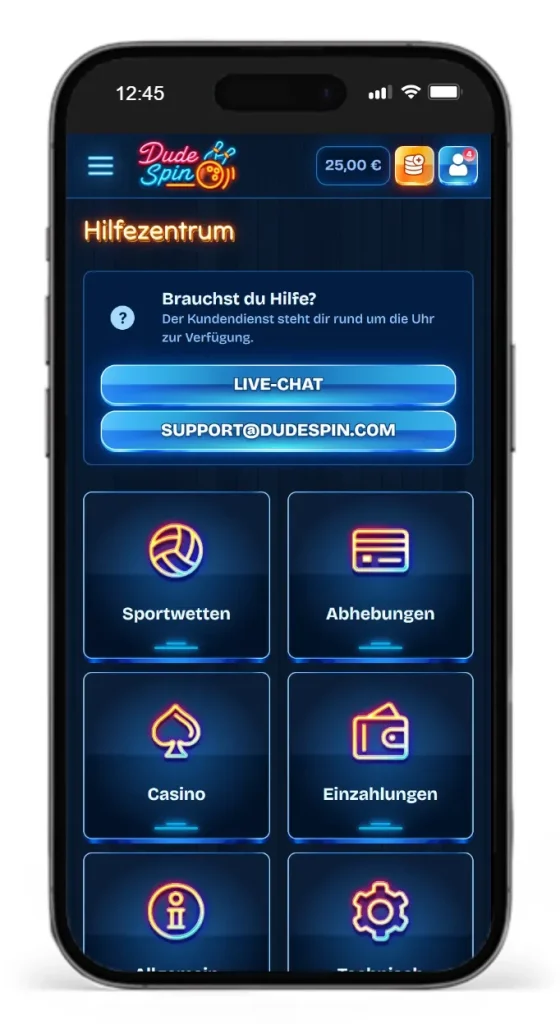 Hilfezentrum und E-Mail Adresse bei DudeSpin