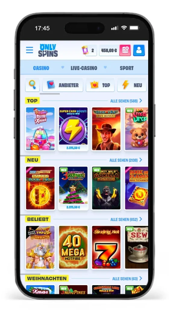 Slotauswahl im OnlySpins Online Casino