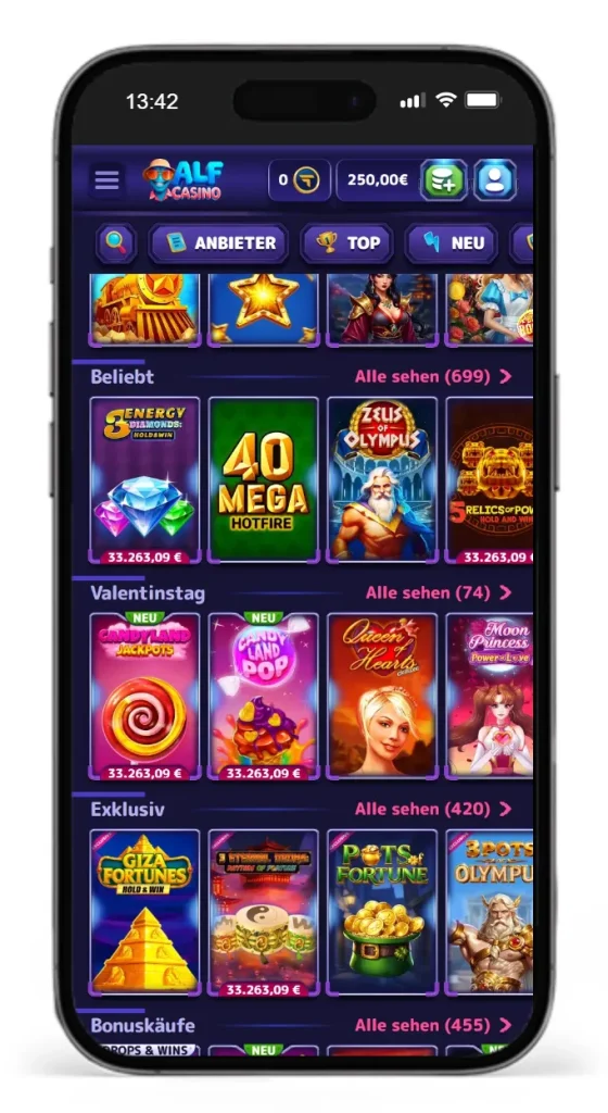 Auszug der Slotauswahl im Alf Online Casino