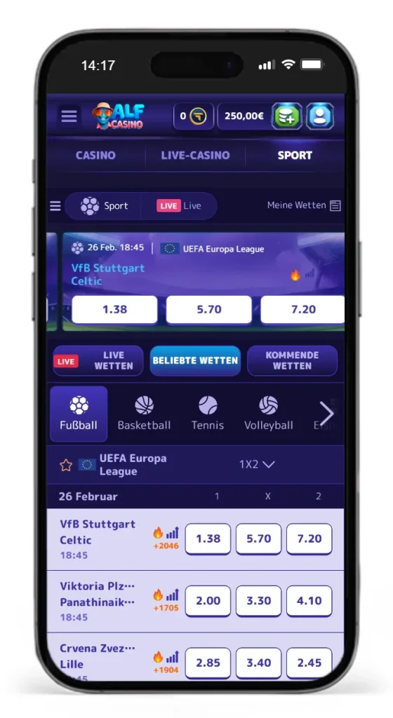 Einblick ins Sportwettenangebot im Alf Casino