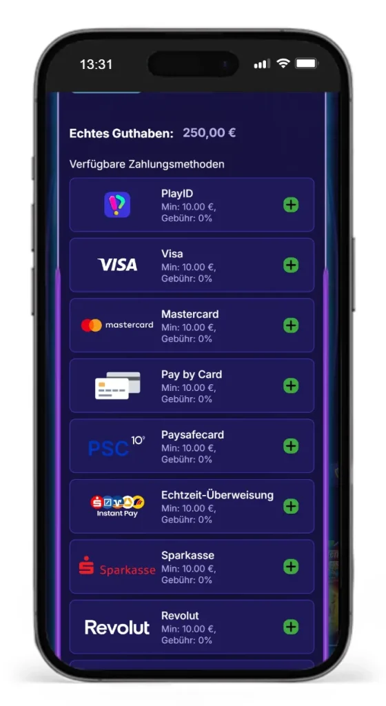 Auszug verschiedener Zahlungsmethoden im Alf Casino