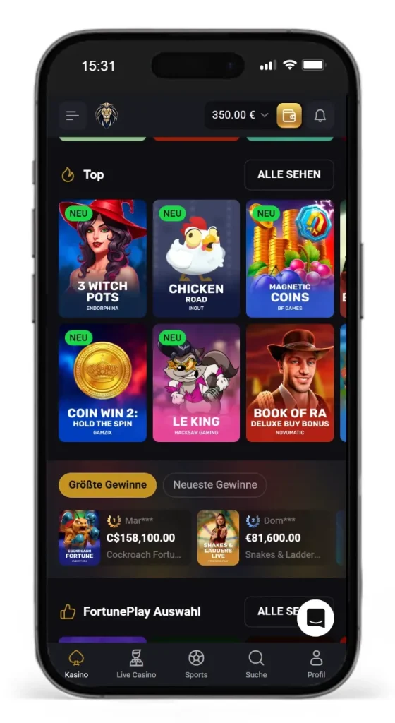 Auszug der Slotauswahl im Fortuneplay Online Casino