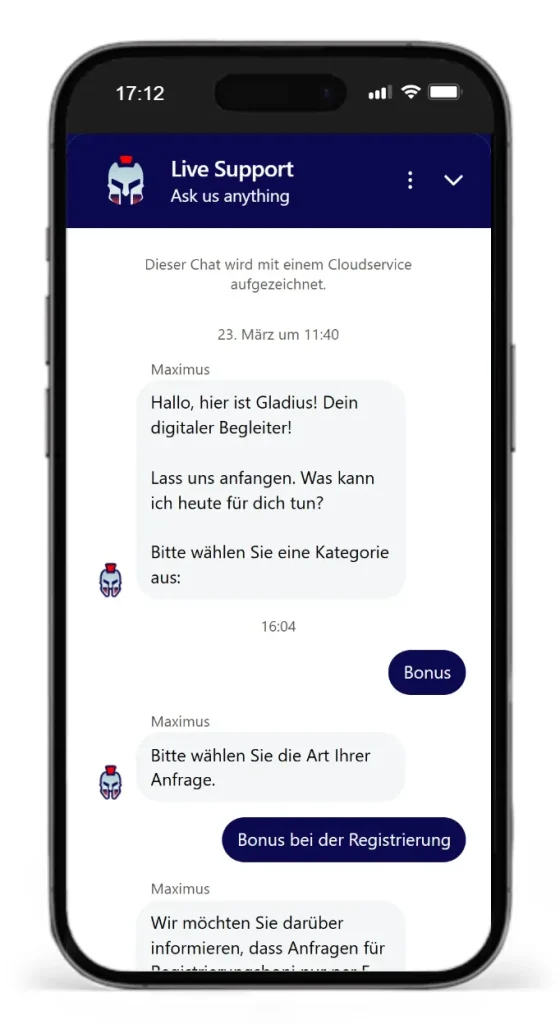 Live Support bei Gladiatorsbet