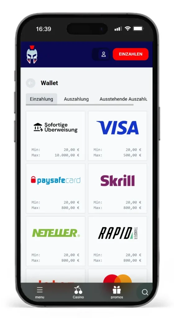 Auszug der Einzahlungsmethoden bei Gladiatorsbet